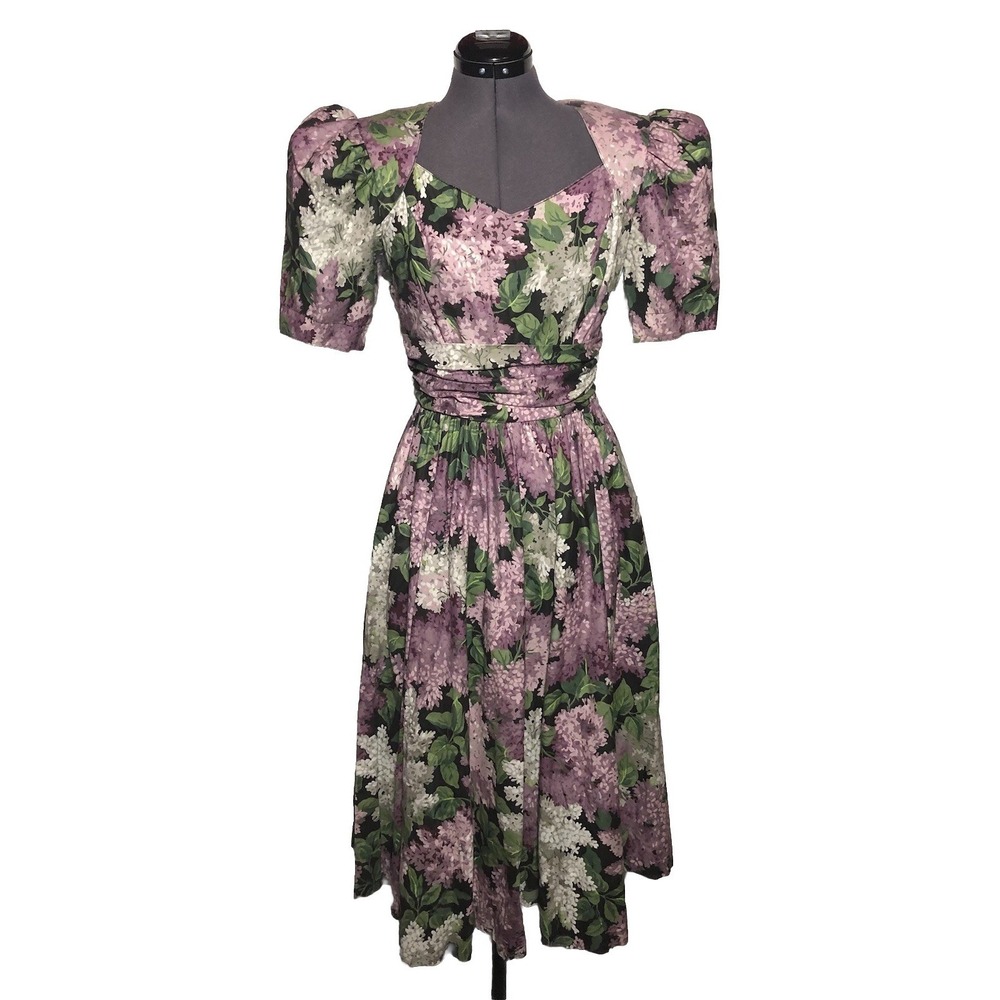 Vtg 80s Cottagecore Floral Puff Sleeve Garden Party Romantic Dress S 34-26-Opn